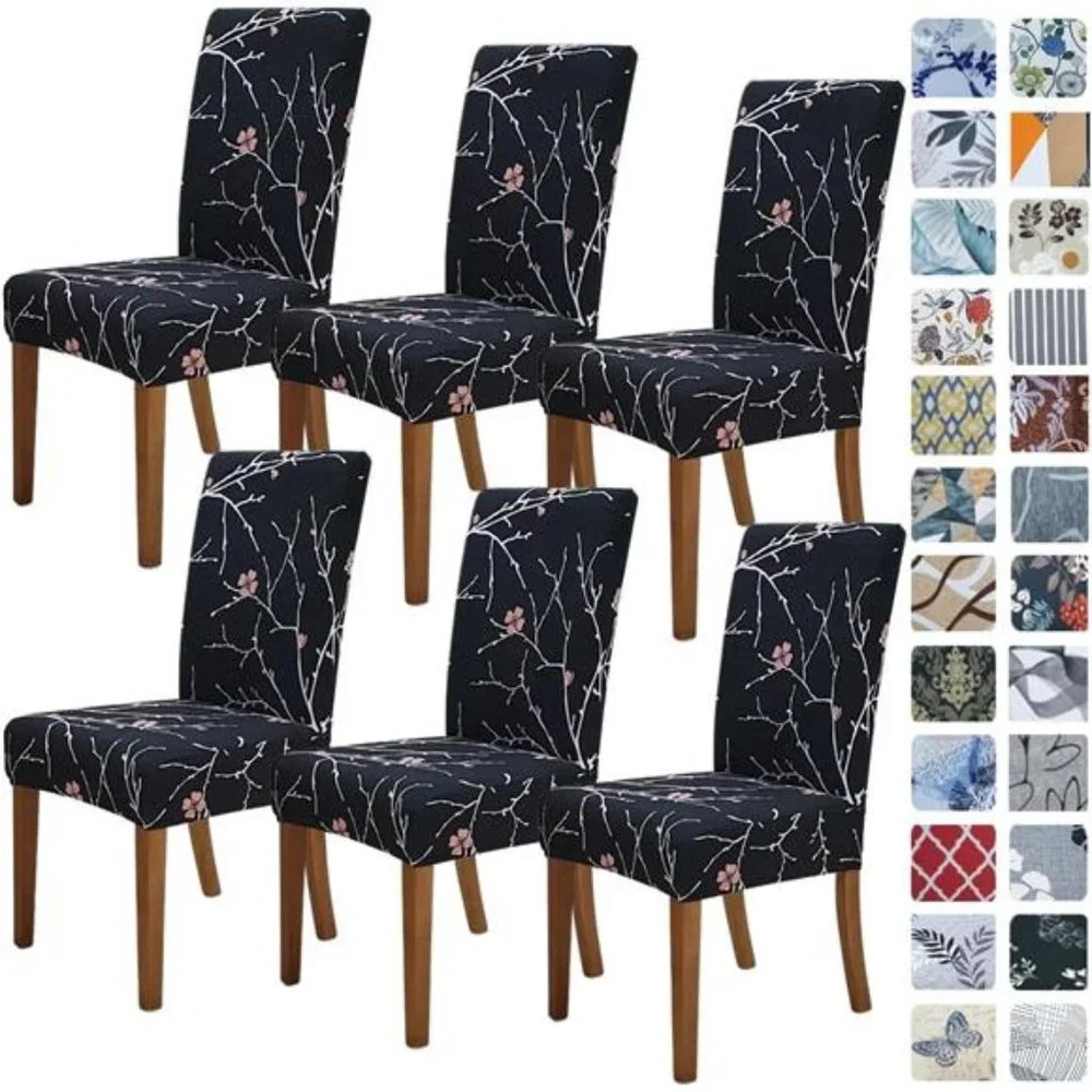 6 Pack, Stretch Dining Chair Cover, Removable Seat Protector - Flourish Black